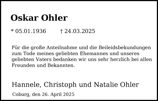 Traueranzeige von Oskar Ohler von Neue Presse Coburg