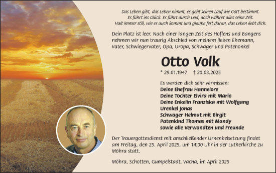 Traueranzeige von Otto Volk von Südthüringer Presse