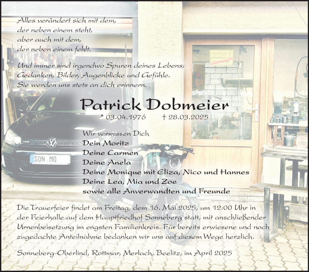  Traueranzeige für Patrick Dobmeier vom 12.04.2025 aus Südthüringer Presse