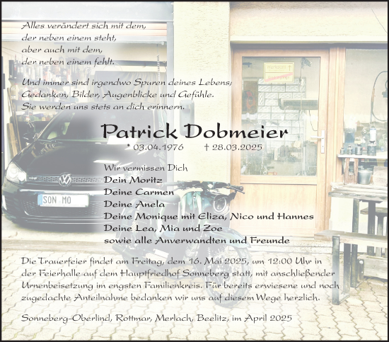 Traueranzeige von Patrick Dobmeier von Südthüringer Presse