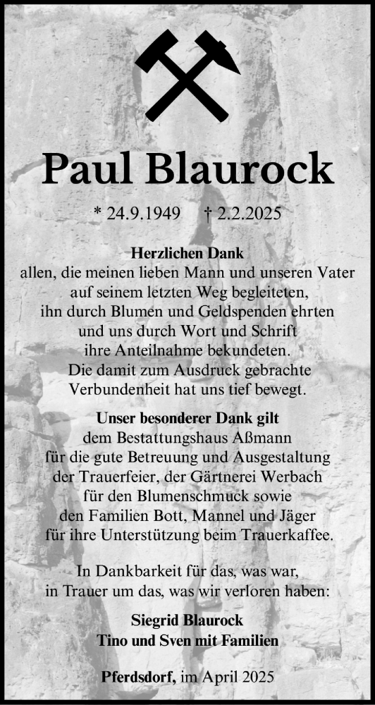 Traueranzeige von Paul Blaurock von Südthüringer Presse
