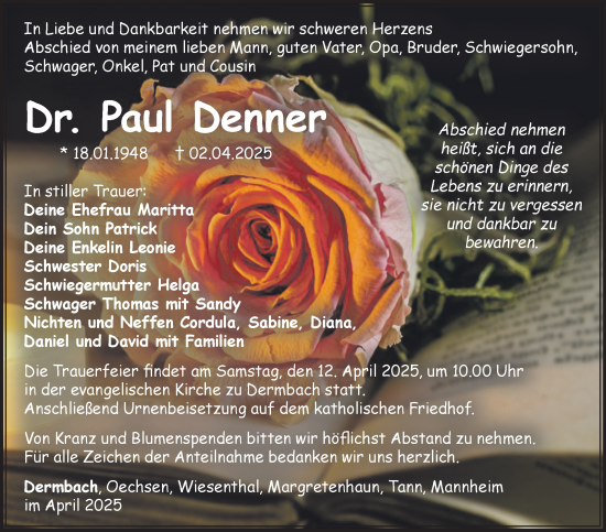 Traueranzeige von Paul Denner von Südthüringer Presse