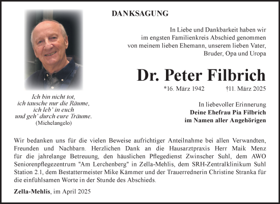 Traueranzeige von Peter Filbrich von Südthüringer Presse