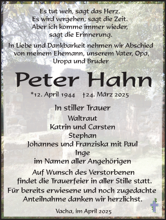 Traueranzeige von Peter Hahn von Südthüringer Presse