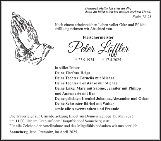 Traueranzeige von Peter Löffler von Südthüringer Presse