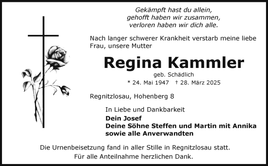 Traueranzeige von Regina Kammler von Frankenpost