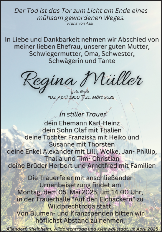 Traueranzeige von Regina Müller von Südthüringer Presse