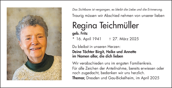 Traueranzeige von Regina Teichmüller von Südthüringer Presse