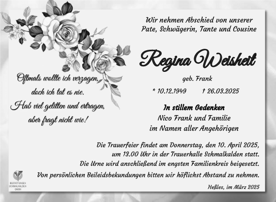 Traueranzeige von Regina Weisheit von Südthüringer Presse
