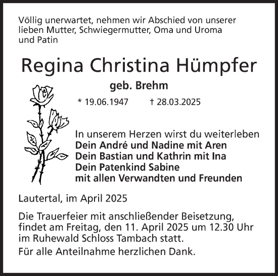 Traueranzeige von Regina Christina Hümpfer von Neue Presse Coburg