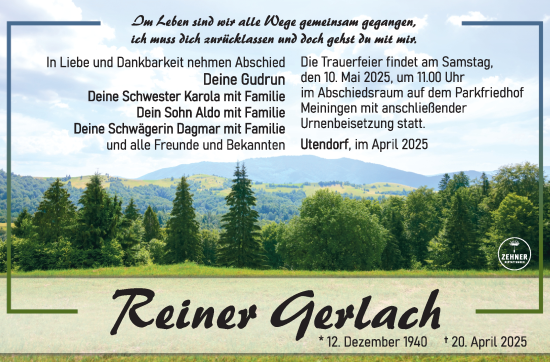 Traueranzeige von Reiner Gerlach von Südthüringer Presse