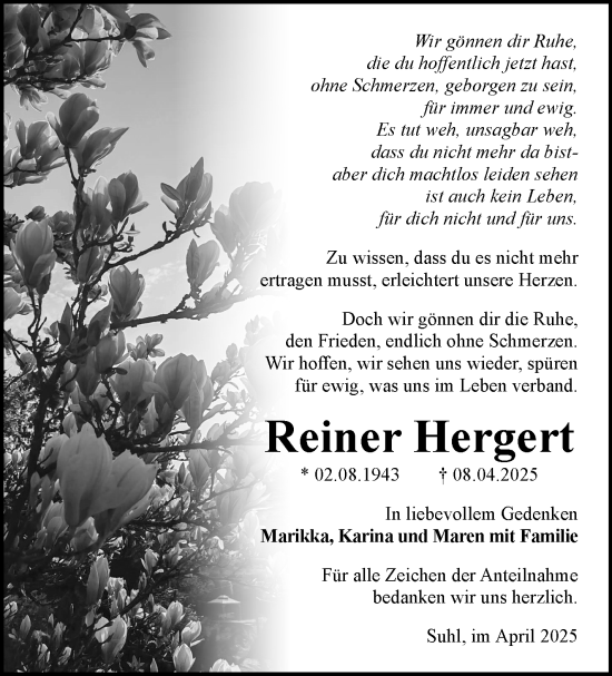 Traueranzeige von Reiner Hergert von Südthüringer Presse