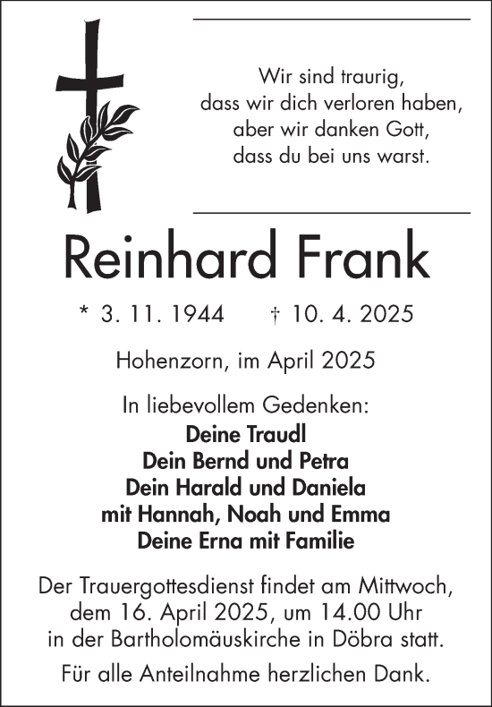 Traueranzeige von Reinhard Frank von Frankenpost