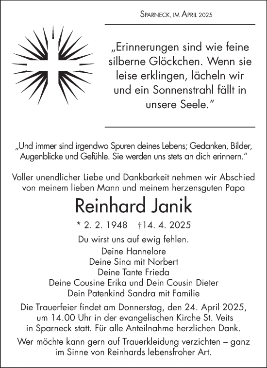 Traueranzeige von Reinhard Janik von Frankenpost