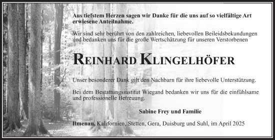 Traueranzeige von Reinhard Klingelhöfer von Südthüringer Presse