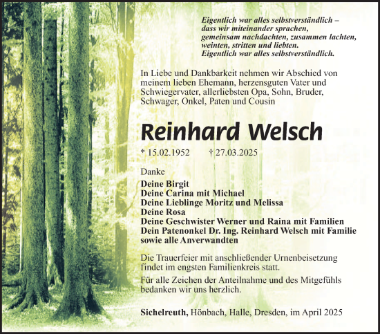 Traueranzeige von Reinhard Welsch von Südthüringer Presse