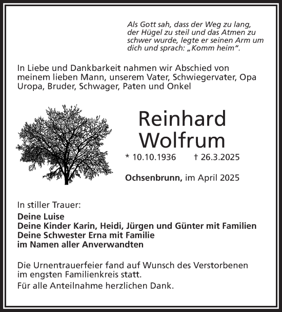 Traueranzeige von Reinhard Wolfrum von Frankenpost