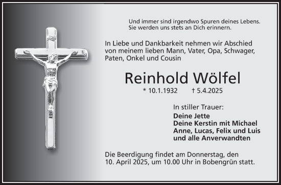 Traueranzeige von Reinhold Wölfel von Frankenpost