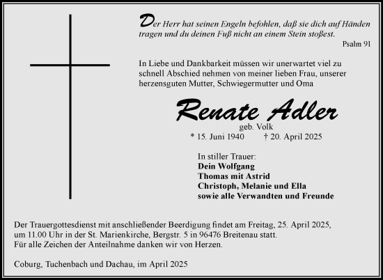 Traueranzeige von Renate Adler von Neue Presse Coburg
