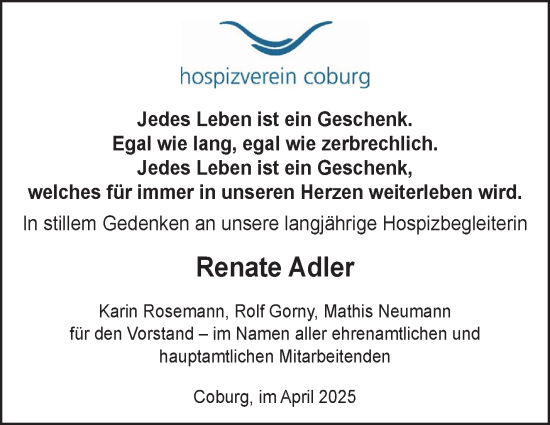Traueranzeige von Renate Adler von Neue Presse Coburg