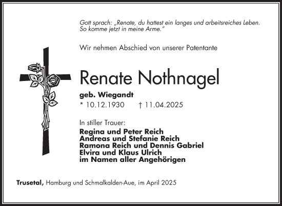 Traueranzeige von Renate Nothnagel von Südthüringer Presse