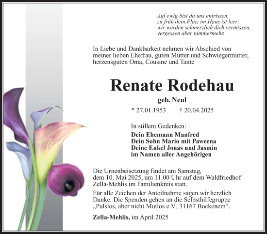 Traueranzeige von Renate Rodehau von Südthüringer Presse