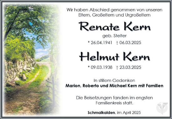 Traueranzeige von Renate und Helmut Kern von Südthüringer Presse