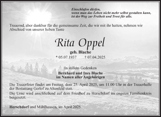Traueranzeige von Rita Oppel von Südthüringer Presse