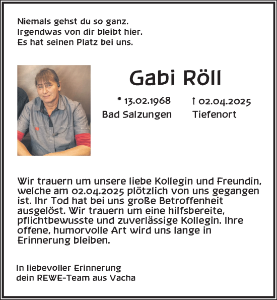 Traueranzeige von Röll Gabi von Südthüringer Presse