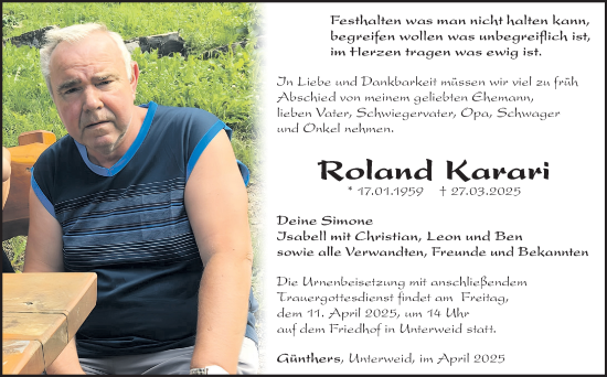 Traueranzeige von Roland Karari von Südthüringer Presse
