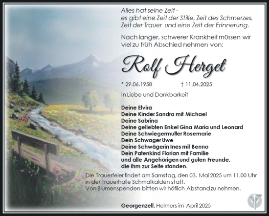 Traueranzeige von Rolf Herget von Südthüringer Presse