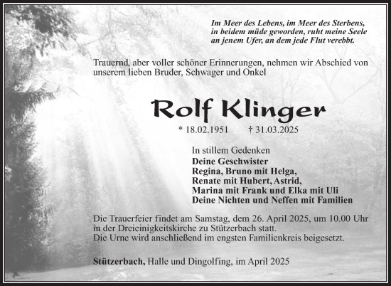 Traueranzeige von Rolf Klinger von Südthüringer Presse