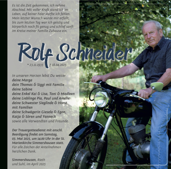 Traueranzeige von Rolf Schneider von Südthüringer Presse