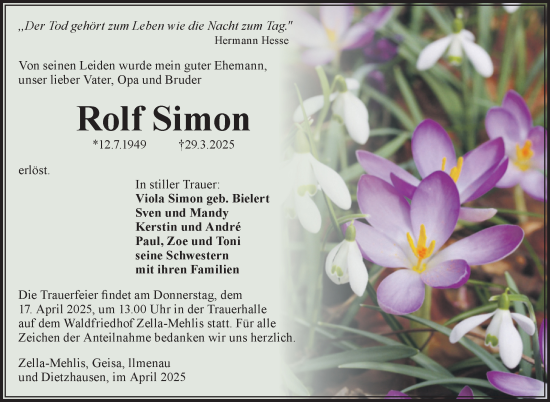 Traueranzeige von Rolf Simon von Südthüringer Presse