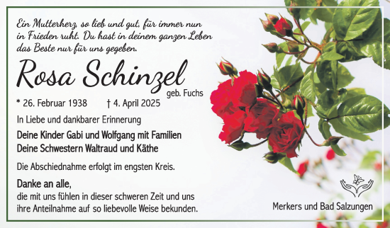 Traueranzeige von Rosa Schinzel von Südthüringer Presse