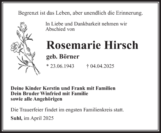 Traueranzeige von Rosemarie Hirsch von Südthüringer Presse