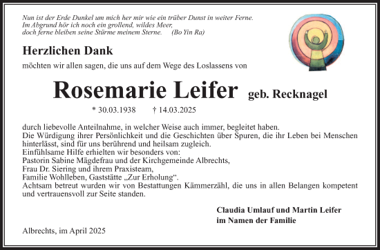 Traueranzeige von Rosemarie Leifer von Südthüringer Presse