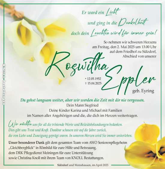 Traueranzeige von Roswitha Eppler von Südthüringer Presse
