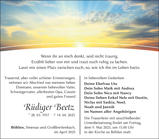Traueranzeige von Rüdiger Beetz von Südthüringer Presse