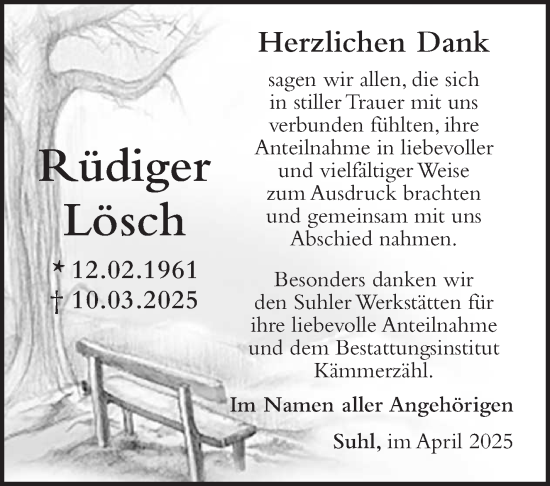 Traueranzeige von Rüdiger Lösch von Südthüringer Presse