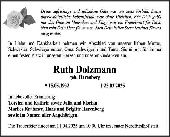 Traueranzeige von Ruth Dolzmann von Südthüringer Presse
