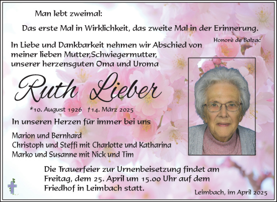 Traueranzeige von Ruth Lieber von Südthüringer Presse