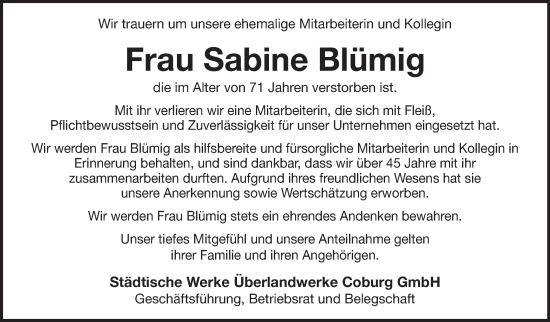 Traueranzeige von Sabine Blümig von Neue Presse Coburg