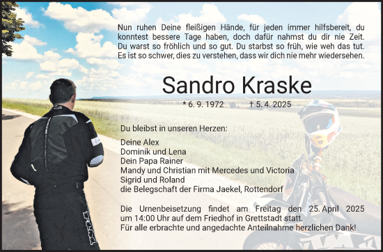 Traueranzeige von Sandro Kraske von Südthüringer Presse