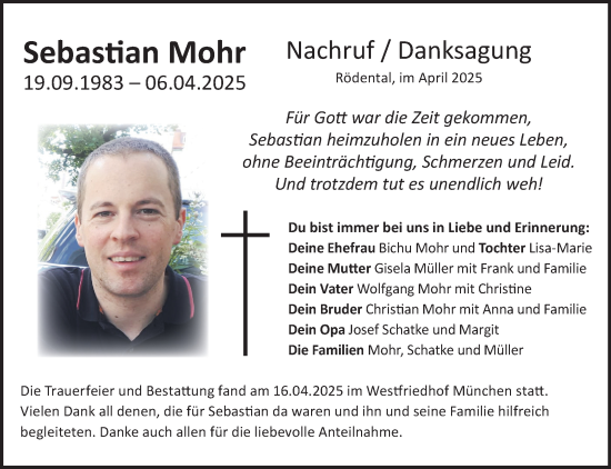 Traueranzeige von Sebastian Mohr von Neue Presse Coburg