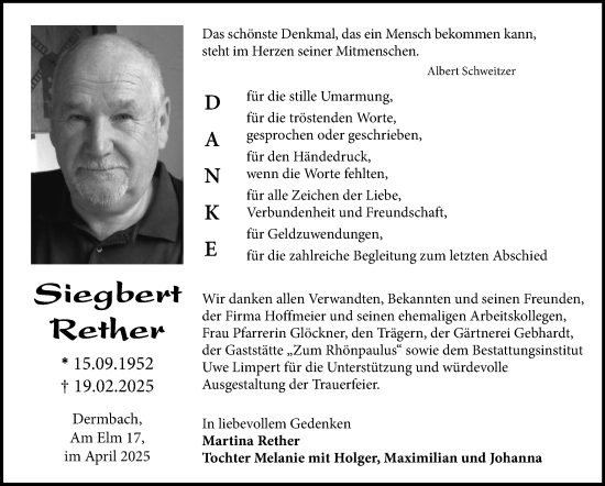 Traueranzeige von Siegbert Rether von Südthüringer Presse
