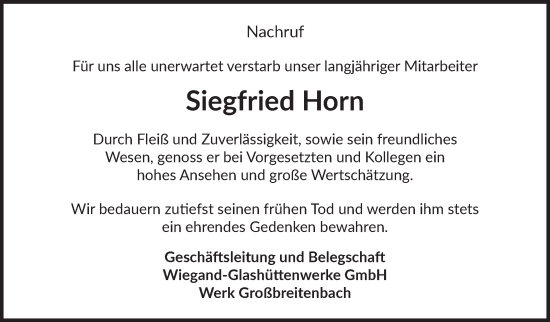 Traueranzeige von Siegfried Horn von Südthüringer Presse