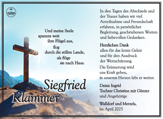 Traueranzeige von Siegfried Klammer von Südthüringer Presse