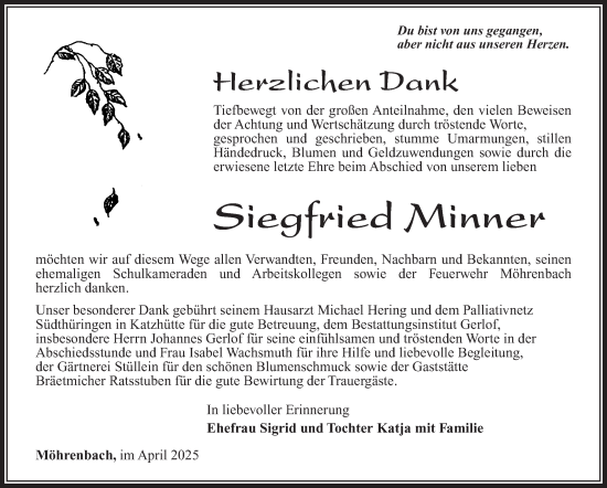 Traueranzeige von Siegfried Minner von Südthüringer Presse
