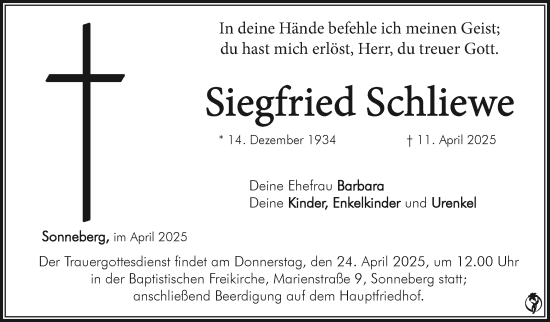 Traueranzeige von Siegfried Schliewe von Südthüringer Presse